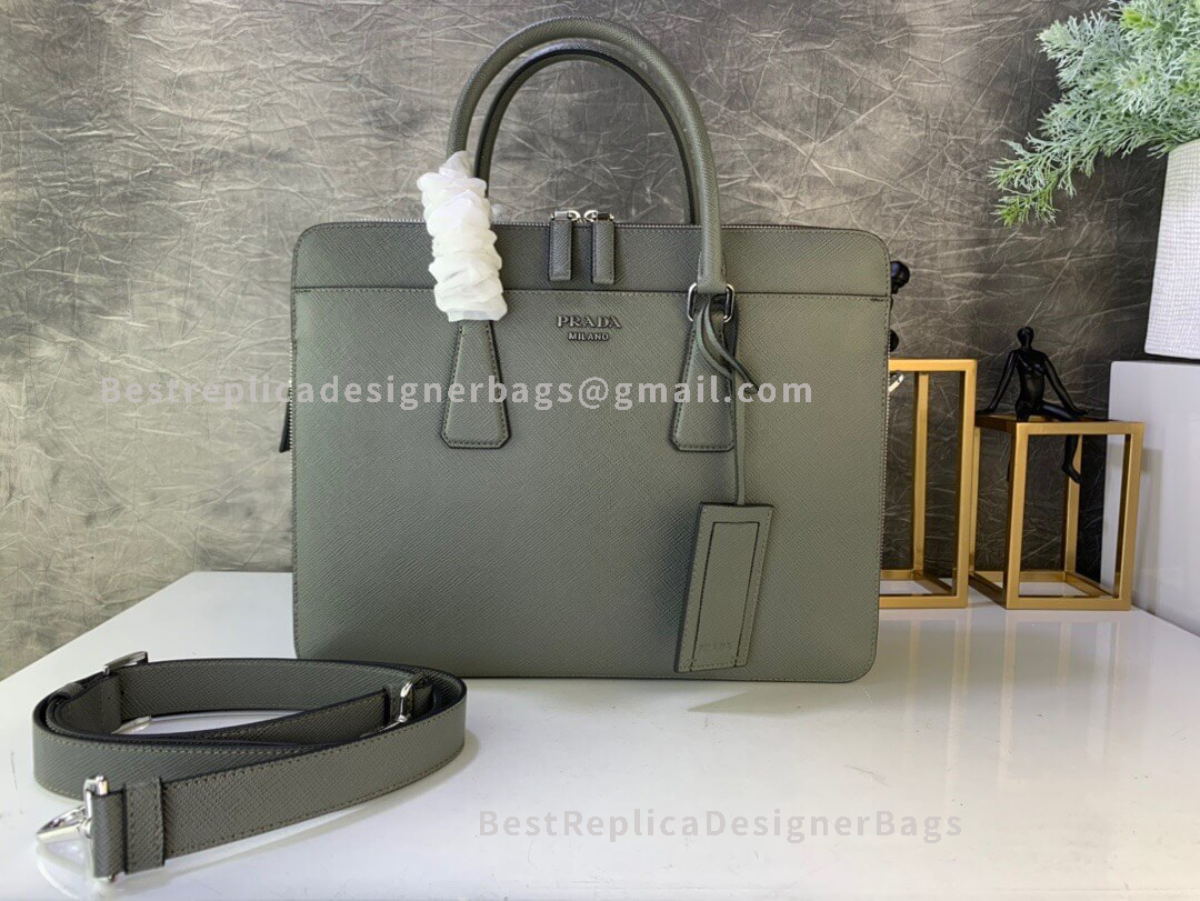 Prada Khaki Saffiano Cuir Leather Briefcase SHW 366
